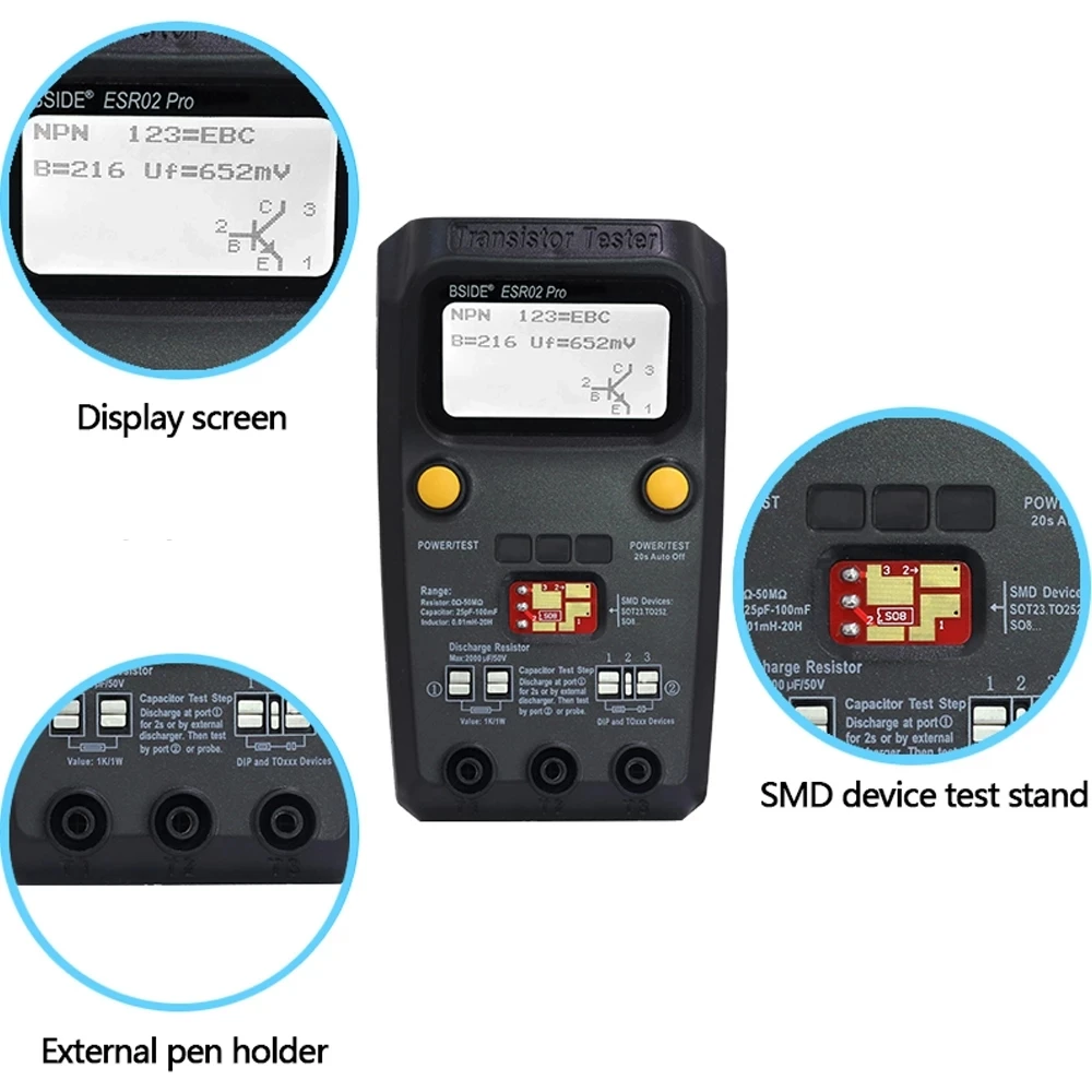 BSIDE uniwersalny tranzystor ESR/SMD Tester ESR02pro inteligentna dioda trioda miernik rezystora pojemnościowego LCD miernik MOS/PNP/NPN test