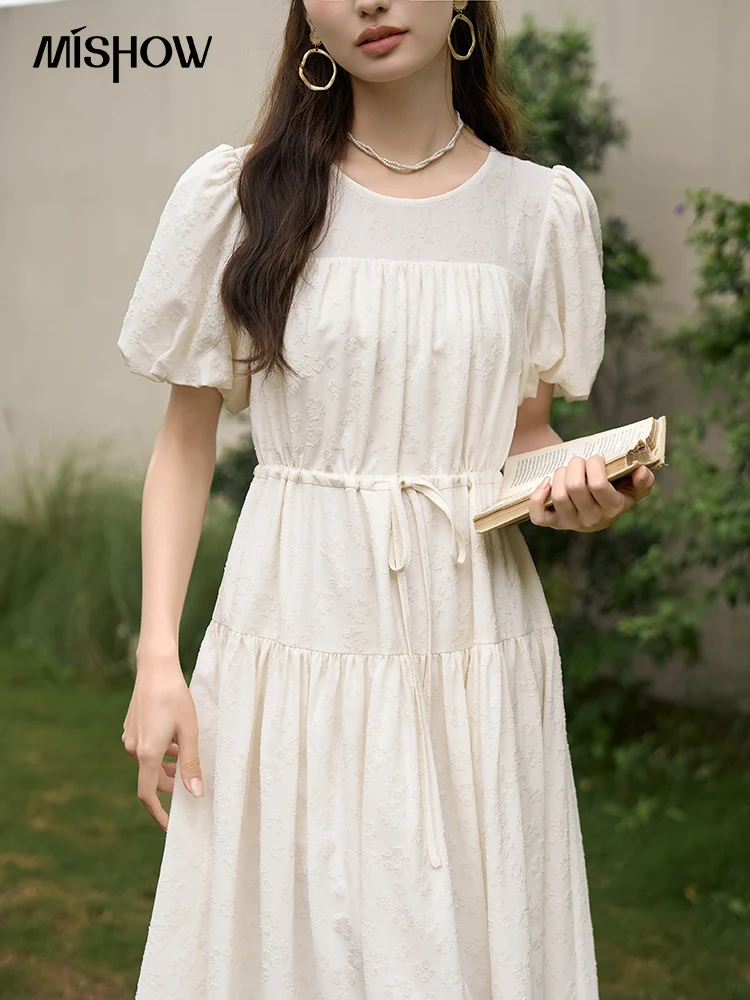 MISHOW French Draw String Waist Dress 2023 Summer Short Sleeve A-LINE Puff Sleeve O-Neck Pullover Elegant Solid Dress MXC38L1415