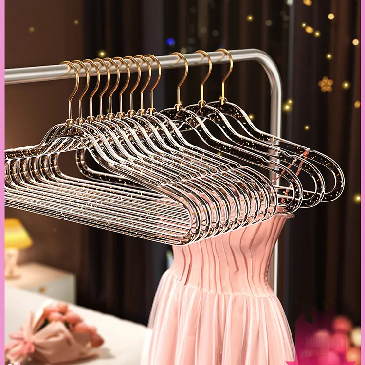 

10pcs/Clothes Hanger Women's Clothing Traceless Household Transparent Plastic Clothing Store Cute Crystal Gold Powder Clothes