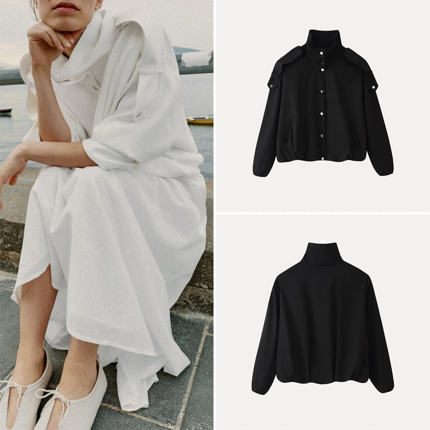 ZADATA Women's Pilot Jacket Autumn 2026 Long Sleeve Stand Collar Buckle Decorated Outerwear Standard Fit Short Coat