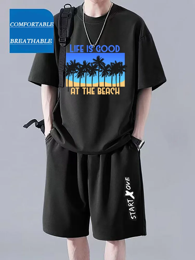 Conjunto de camiseta e shorts masculinos de verão 2025: blusa casual confortável para compras de corrida + camiseta esportiva casual legal masculina