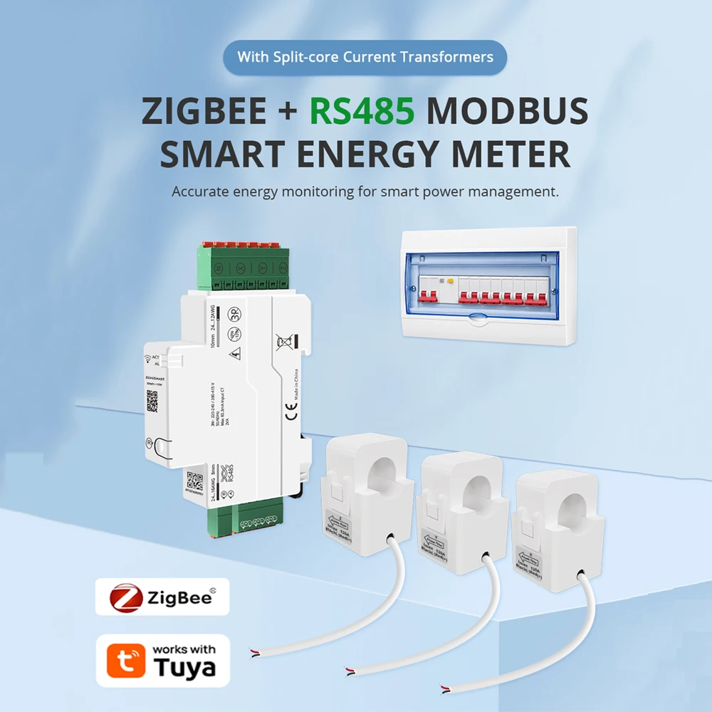 Zemismart 120A Zigbee Din-rail Energy Meter With RS485 Port 3 Phase Power Monitor Work with Tuya Withdrawable Split-core CTs