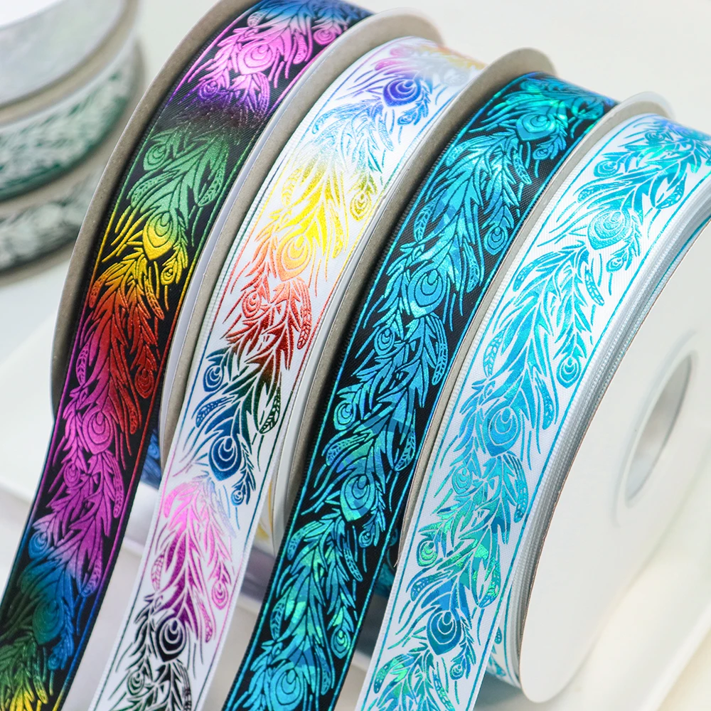 1\'\' 25mm Iridescence Phoenix Peacock Feathers Printed Polyester Satin Ribbon For Hair Bows Gift Wrapping DIY Sewing Accessories