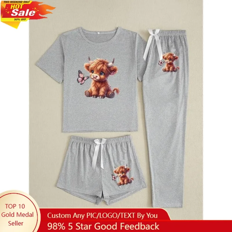 

Женский пижамный комплект с мультяшным бабочкой и принтом коровы Highland, повседневная приталенная одежда для сна, удобная ночная рубашка на все сезоны