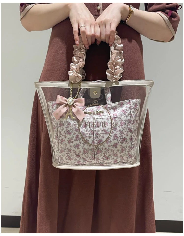 Borsa a tracolla in pelle trasparente in stile giapponese borsa a tracolla portatile con manico a fiore pieghettato carino estivo femminile di