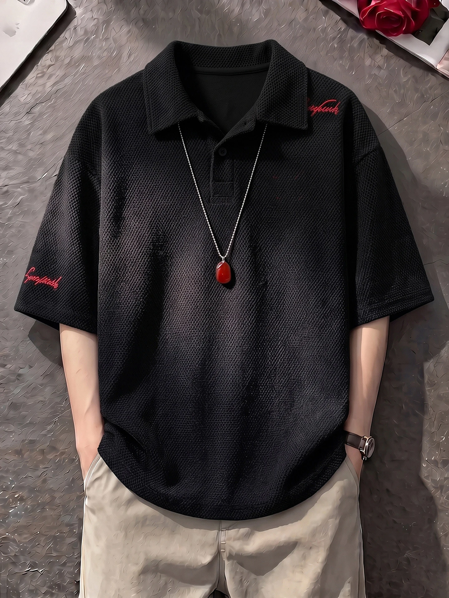 Brown Dragon Scale Texture Embroidered  Shirt Short Sleeve Men's Thin Breathable Knitted T-Shirt Loose Shoulder Fit