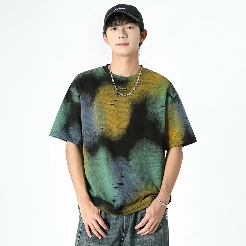 

Men Short Sleeve Tie Dye T Shirt Trendy cotton Ripped Hole Design Casual Streetwear Summer Fashion Hip Urban Cool Tee