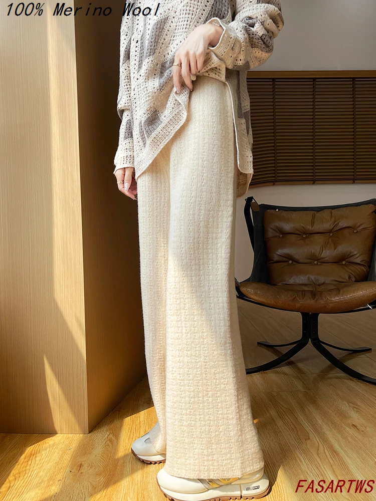 100% lã pura calças de perna reta para calças casuais femininas quente lã macia jacquard calças compridas para outono/inverno estilo de moda