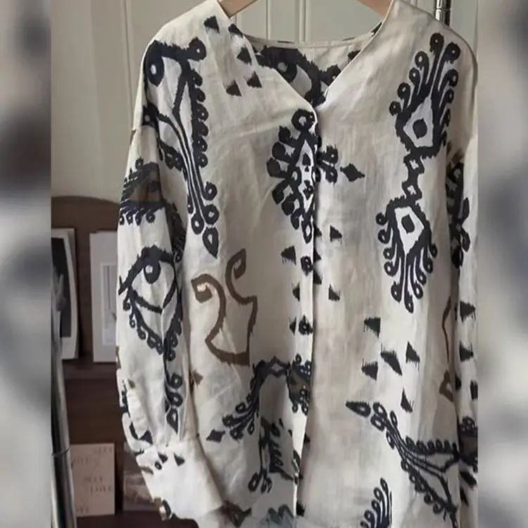 Bloemen Gedrukt Blouses Vrouwen Lange Mouw Losse V-hals Shirts Office Lady Vrijetijdskleding Tops Lente Herfst Nieuwe Mode