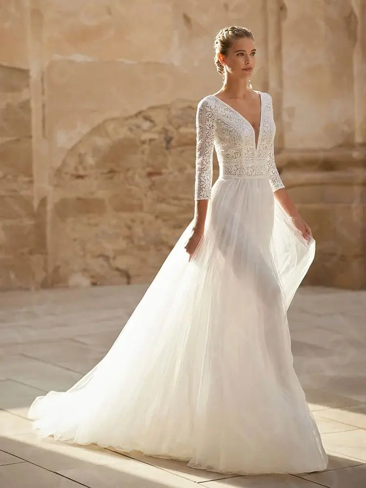 مخصص للبيع فساتين الزفاف الكلاسيكية الدانتيل 2025 زي العرائس الخامس الرقبة فساتين العروس 3/4 الأكمام فساتين الزفاف الصيف