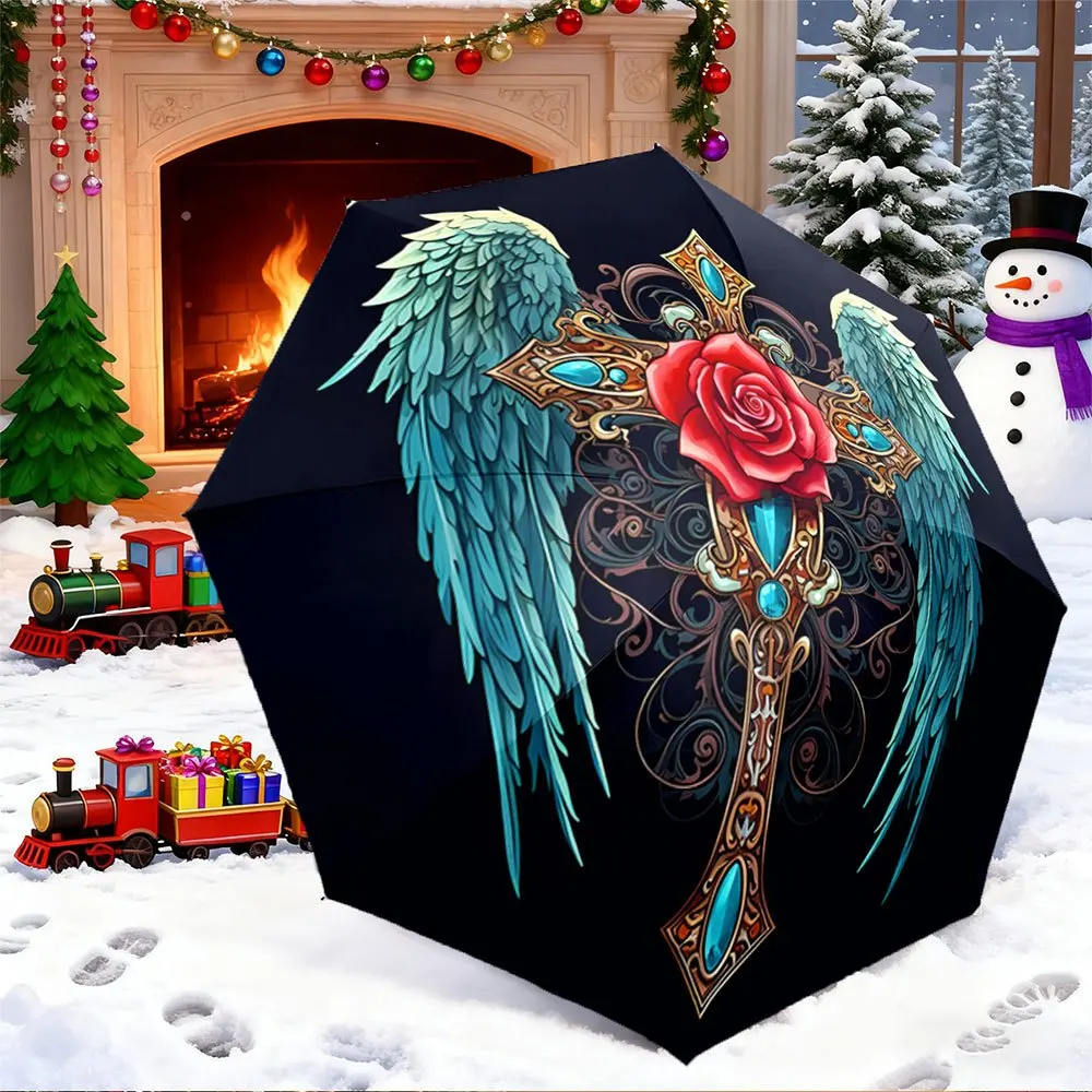 

Open/Close Portable Folding Umbrella with Blue Angel Wings & Red Rose Design, 8-Rib Compact Travel Umbrella for &, Folding Can