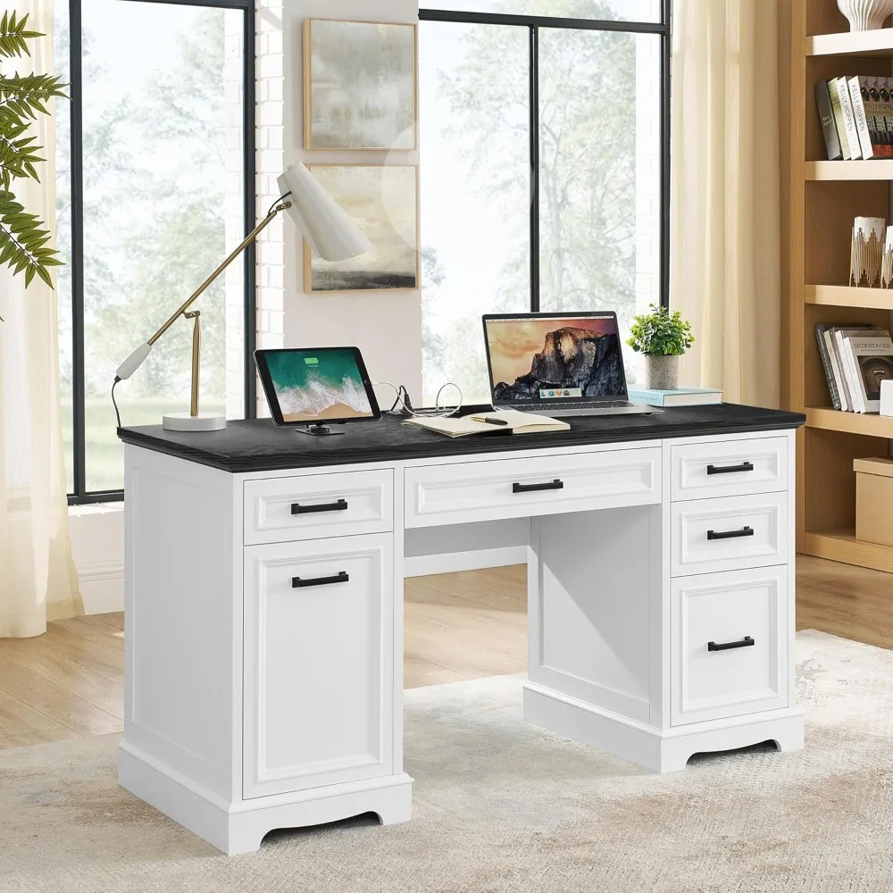 

Farmhouse Executive Desk with Drawers and Charging Station,55.1" White Home Office Computer Desk with File Drawers Storage Cabin