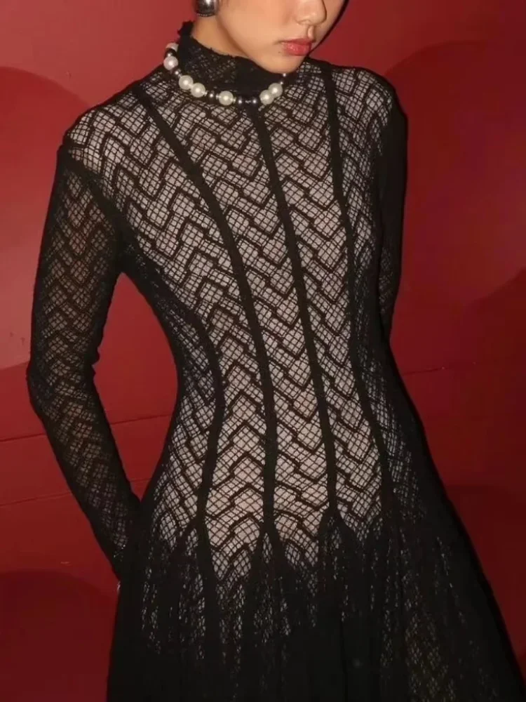 Elegant See Through Dresses For Women Chic Slim Fit Crochet Long Sleeves Hollow Out Ruffle A-line Vestidos New Summer Lady Gown