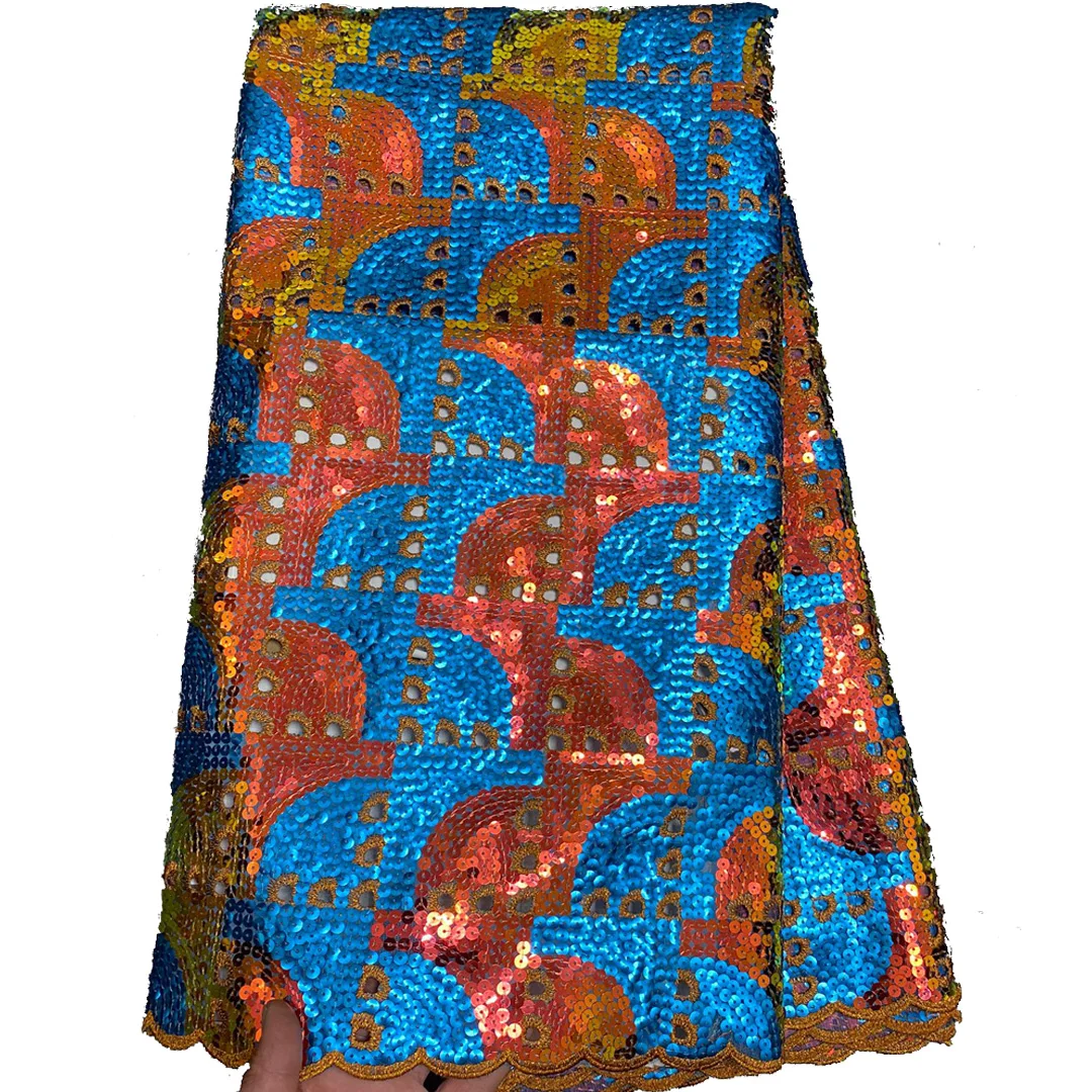 

(5yards/pc) High quality embroidered sequins net lace fabric 2025 African wedding party lace blue orange for dress FLP337