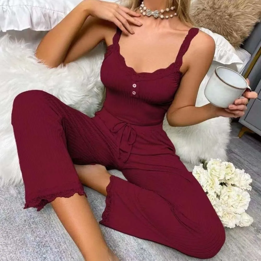 

Slim Fit Women Lace Camisole Pajamas Long Pants and Shorts Sleeveless Lace Crop Tops Sleepwear Suspender Vest Leisure Clothes