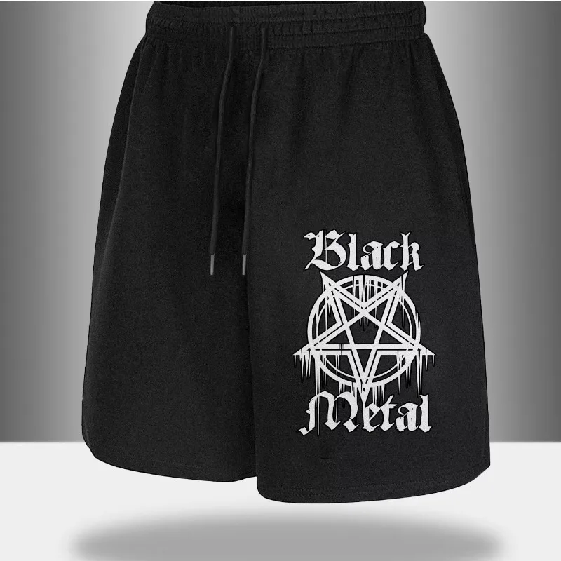 Casual pants, Gothic heavy metal style clothing, men's black metal patterned shorts, drawstring waistband