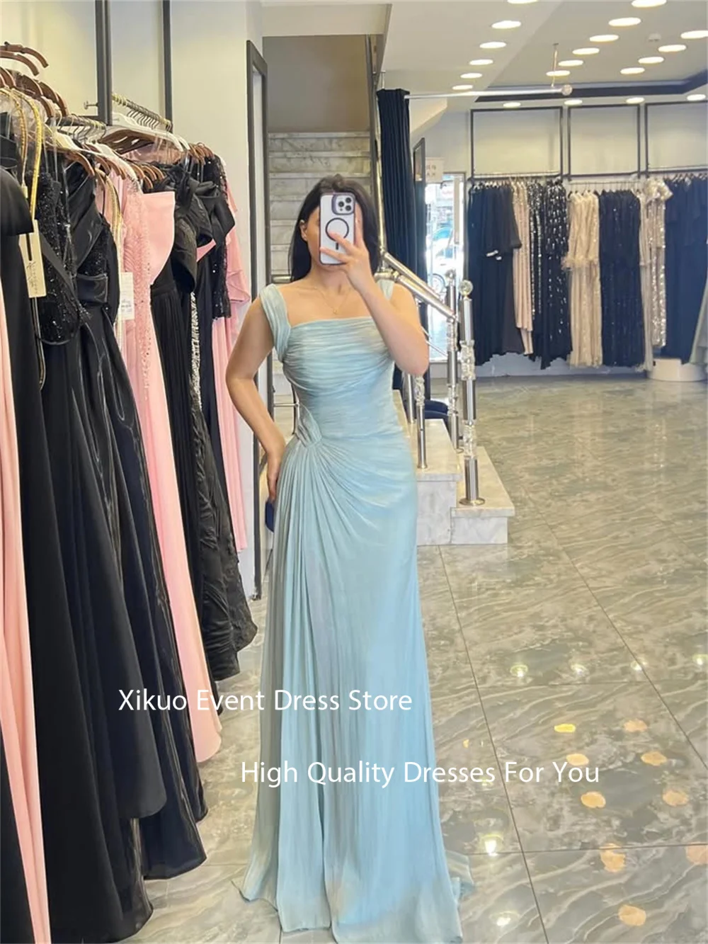 Xikuo Girly A Line Sleeveless Prom Gown Pink Pleated Vestido De Noche Spaghetti Strap Summer Party Pink Evening Dress Customized