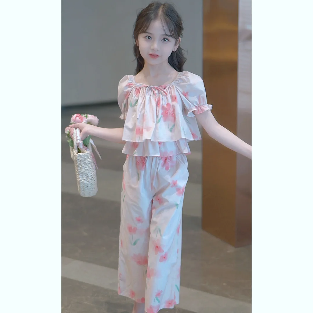 

2024 Korean Summer Children Girl 2PCS Clothes Set Junior Girl Tulip Printed Bubble Sleeve Tops+Pants Trousers Girls Clothing Set