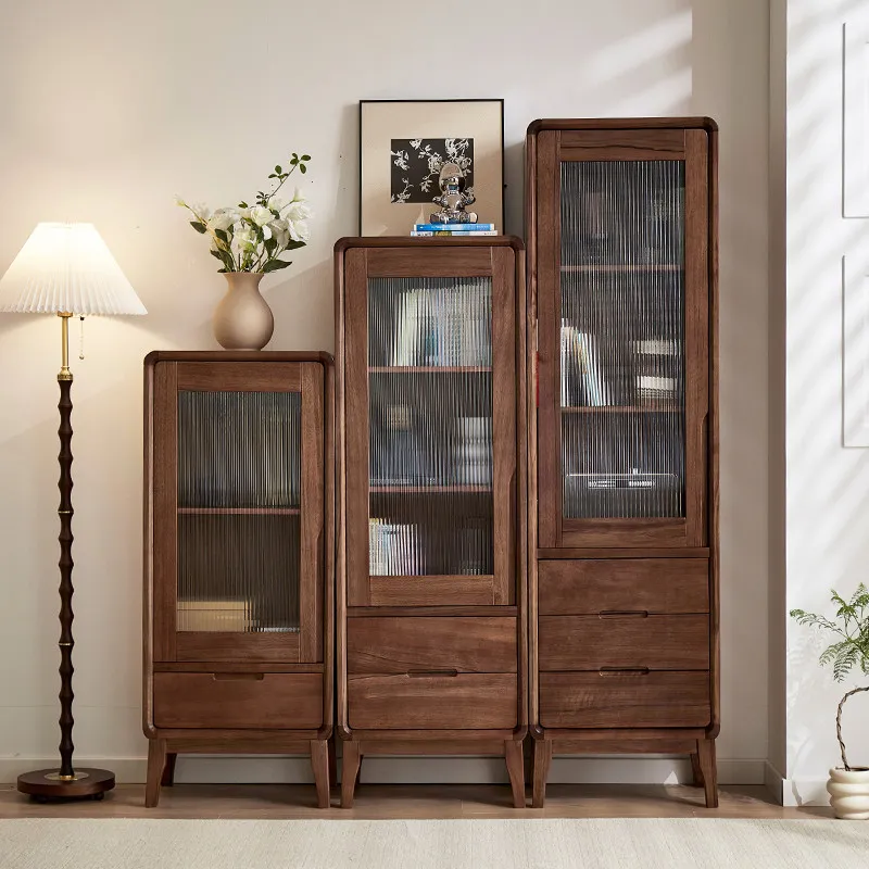 PYH all solid wood black walnut three-dimensional side cabinet modern living room glass wine cabinet locker