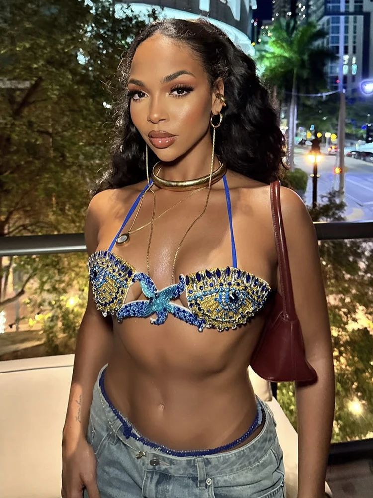YOUR BUMP CURVE Handmade metallic crystal sequined backless halter top sexy women island bonfire party bra