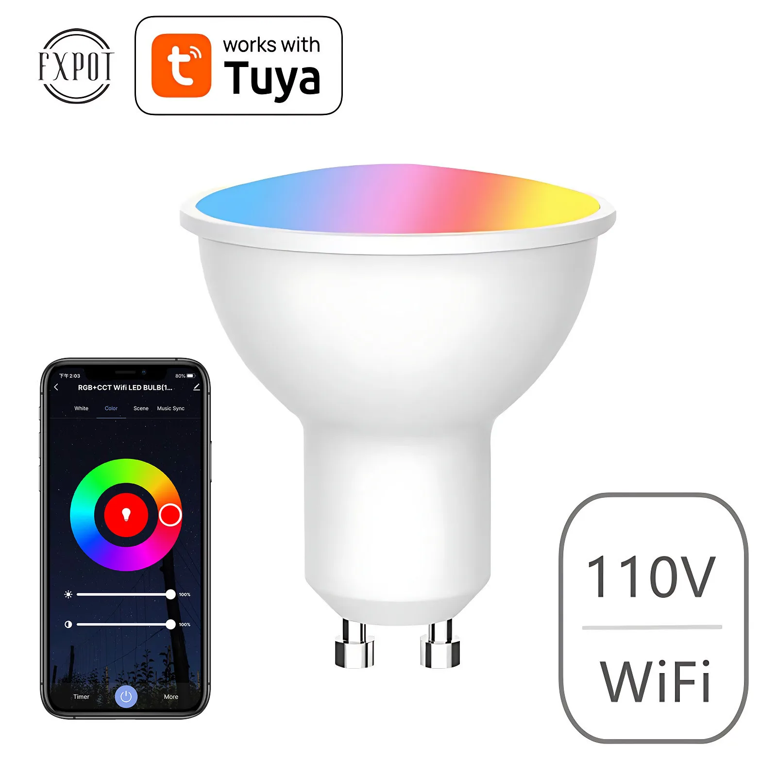 Tuya-Ampoule LED Smart Home, Wi-Fi, Bluetooth, Contrôle de la parole Veilleuse 5W GU10 RGBCW avec Alexa Google Home osophbl