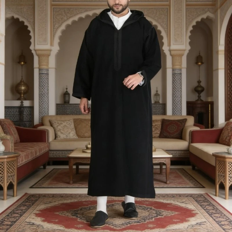 

Arab Style Long Mens Hooded Shirt Muslim Robe Dubai Turkish Islamic Clothing Thobe Jubba Casual Prayer Outfit