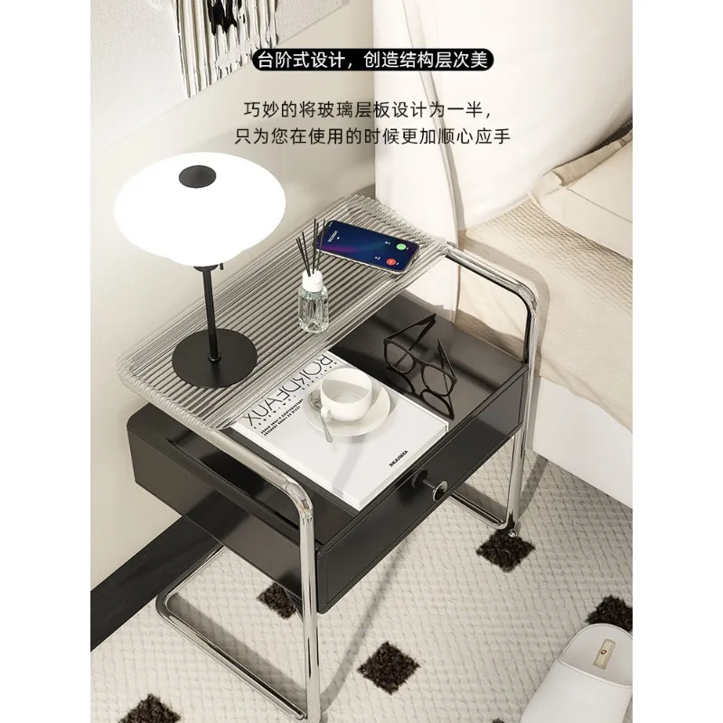 Light Luxury Simple Modern Stainless Steel Bedside Table Small Tempered Glass Side Cabinet Bedroom Bedside Storage Rack