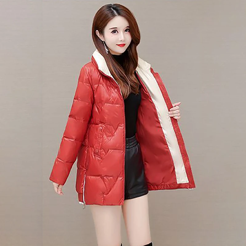 High-end White Duck Down Temperament Long Glossy Down  2023 New Stand-up Collar Winter Waist Slim Fashion Warm Coat Woman。