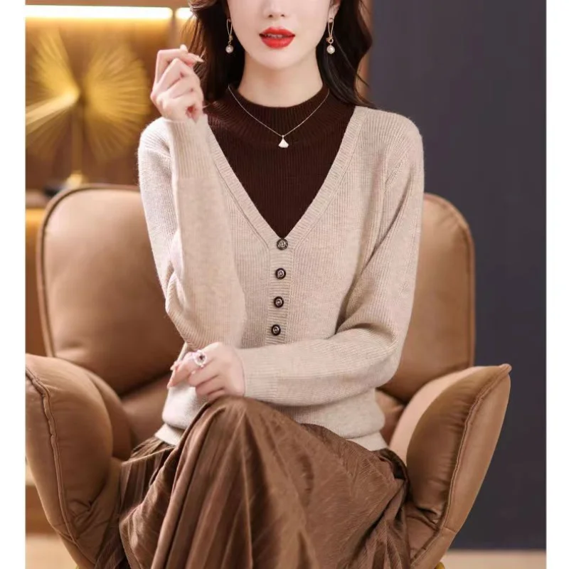 Autumn Winter New Versatile Oversize Women's Clothing Fashion Splice Buttons Half High Collar Long Sleeve Solid Color Pullover