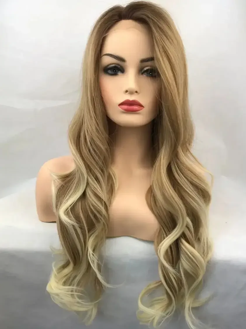 

Long Blonde Wavy Transparent Lace Synthetic Wigs Women Daily Party Heat Resistant Fiber