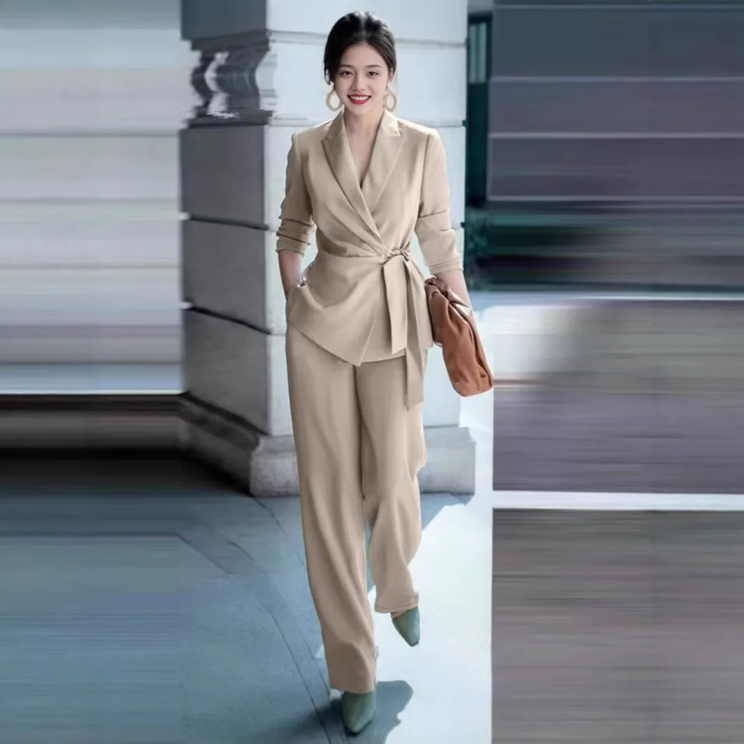 Pant Set Women Two Piece Sets Turn Down Collar Full Sleeve Coats Long Pants Lace Up Tight Waist Y2k Streetwear Elegant 2026