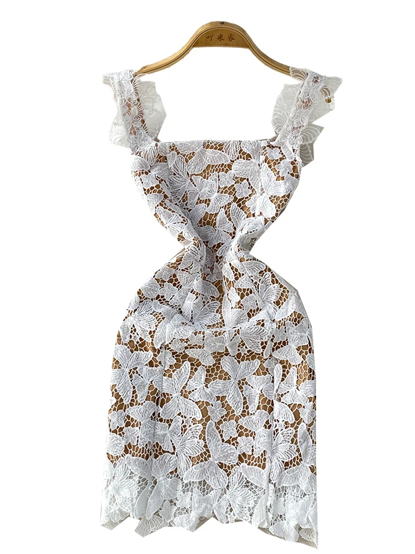 فستان أنيق مثير بحزام من الدانتيل على شكل فراشة للنساء صيفي قصير الخصر فستان للتنقل على الطراز الكوري بخصر عالٍ غير مرن