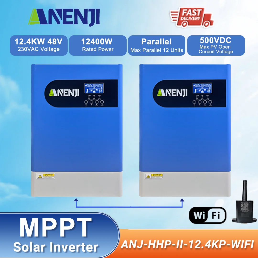 

ANENJI 12.4KW 48V Solar Inverter Hybrid Pure Sine Wave Inverter MPPT 120A PV 60-500VDC Solar Charge Controller with WiFi