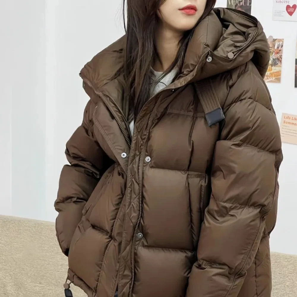 2024 New Winter Women\'s Warm Coat Hooded Short Thickened Bread Clothes Loose White Duck Down Jacket Leisure Parkas Female