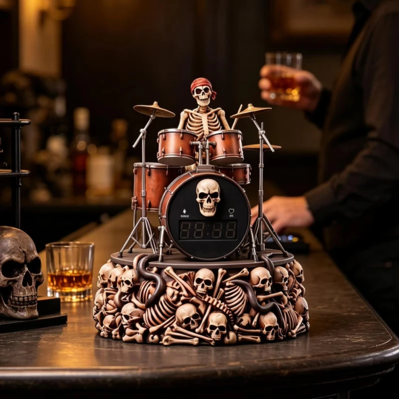Skull Skeleton Alarm Clock with Drum Beat Speaker, Dimmable Display, Gothic Bedside Ornament, Halloween Home Decor Gift