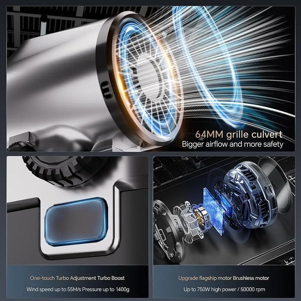 منفاخ مجفف توربو منفاخ هواء للسيارات 750 وات لاسلكي قابل لإعادة الشحن مع ضوء COB سرعة متغيرة لا نهائية متعددة الاستخدام محمولة باليد