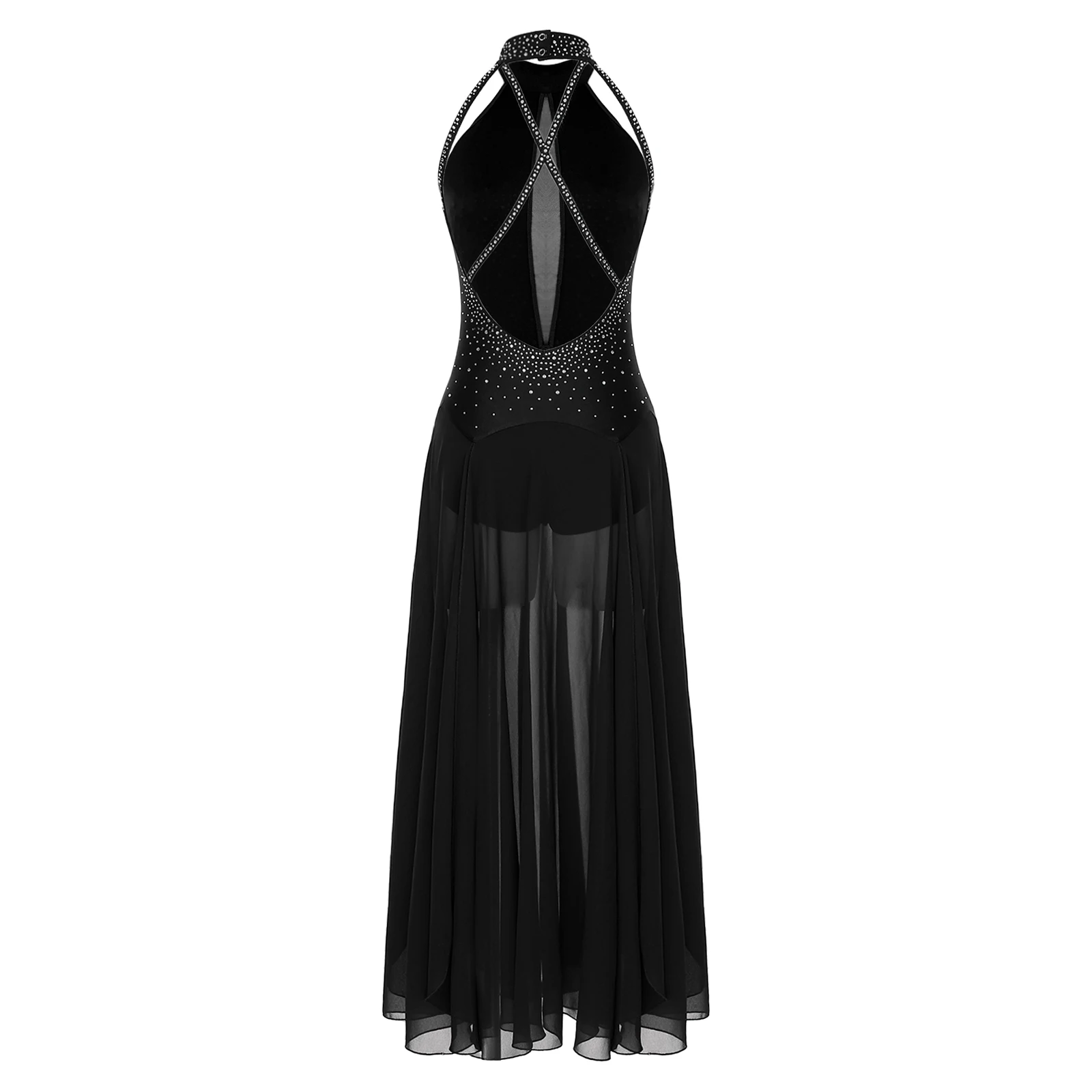 Womens Shiny Rhinestones Split Figure Skating Modern Dress Ballet Lyrical Contemporary Dance Costume Gymnastics Leotard Dresses