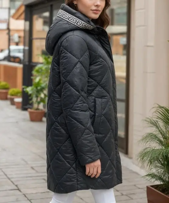 

2025 Autumn Winter Elegant Coat Women's New Lightweight and Warm Cotton Jacket Medium To Long Hooded Diamond Grid Cotton Jacket