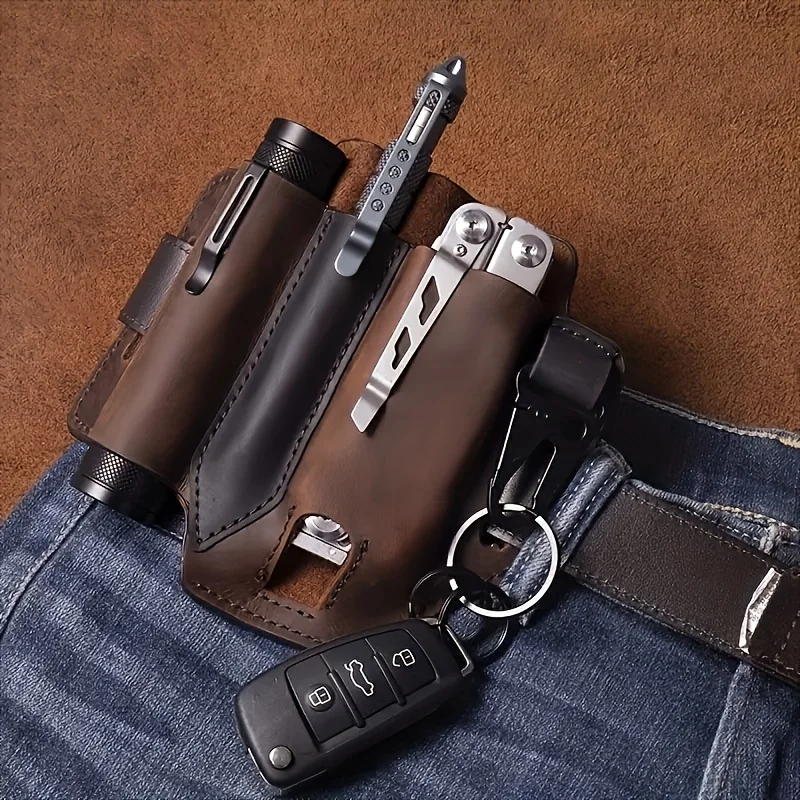 Tactical Synthetic Leather Waist Bag - Multi-Compartment Pouch for Tools & Flashlight, Durable for Outdoor, Camping, Hiking.
