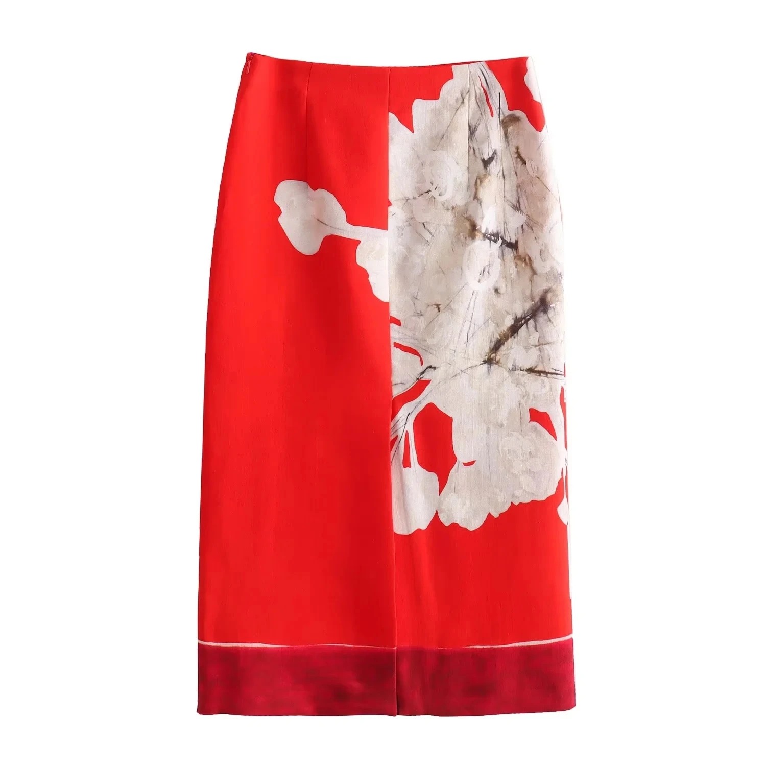 KAOPU ZA Women Elegant Red Skirts Side Zipper Back Slit Straight Skirts Women Linen Printed Blended Straight Skirt Half skirt