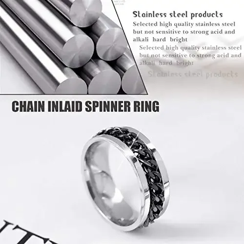 9Pc Stainless Steel Band Ring for Men Women Cool Fidget Spinning Chain Ring Anxiety Relief Fashion Wedding Engagement Black Ring