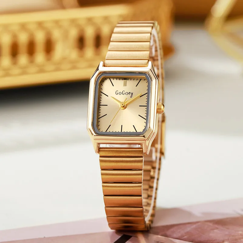 Hot Sale Women Quartz Watch Stainless Steel Adjustable Strap Gold Watch Rectangular Dial Luxury Wristwatch for Women Gift Clock