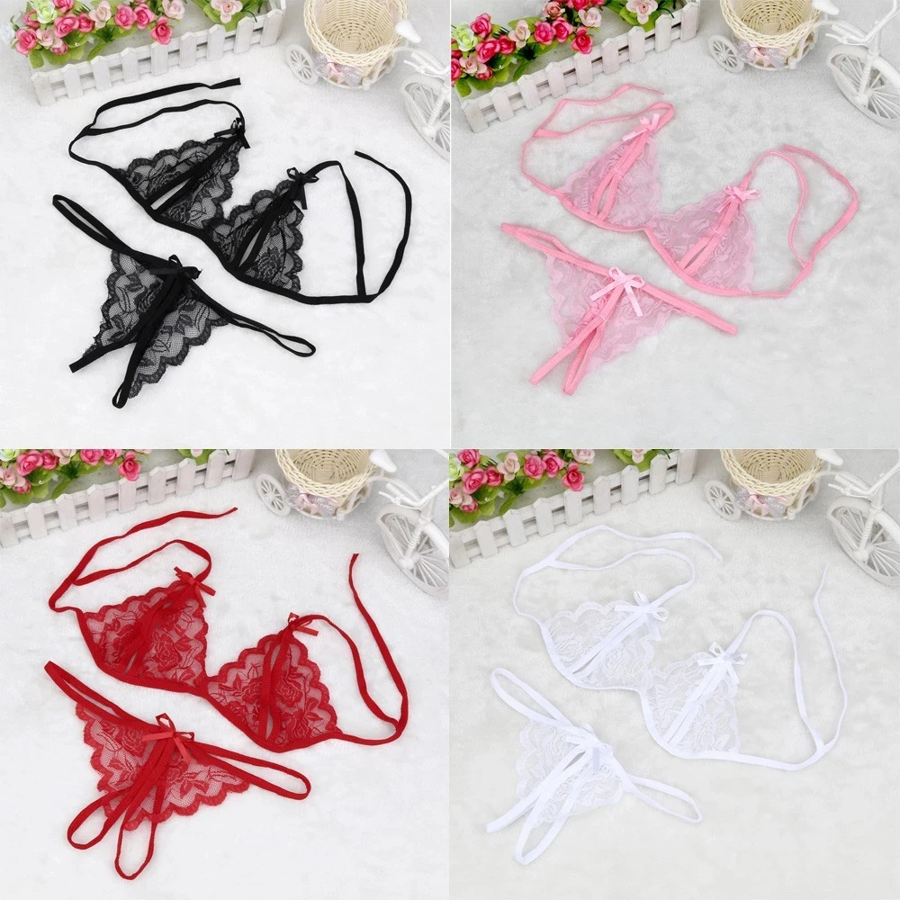 Sexy Women Lady Lingerie see through Lace Underwear Sleepwear lace up bra +Open Crotch G-string Erotic set For Woman Нижнее Бель