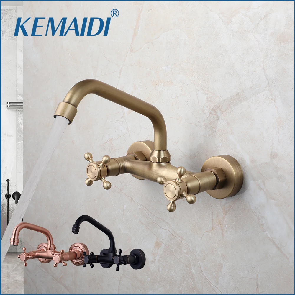 ZAPPO Antique Brass Bathroom Basin Faucet Hot and Cold Water Mixer Wall Mounted Dual Handles Faucet Tap with  360 Swivel Spout