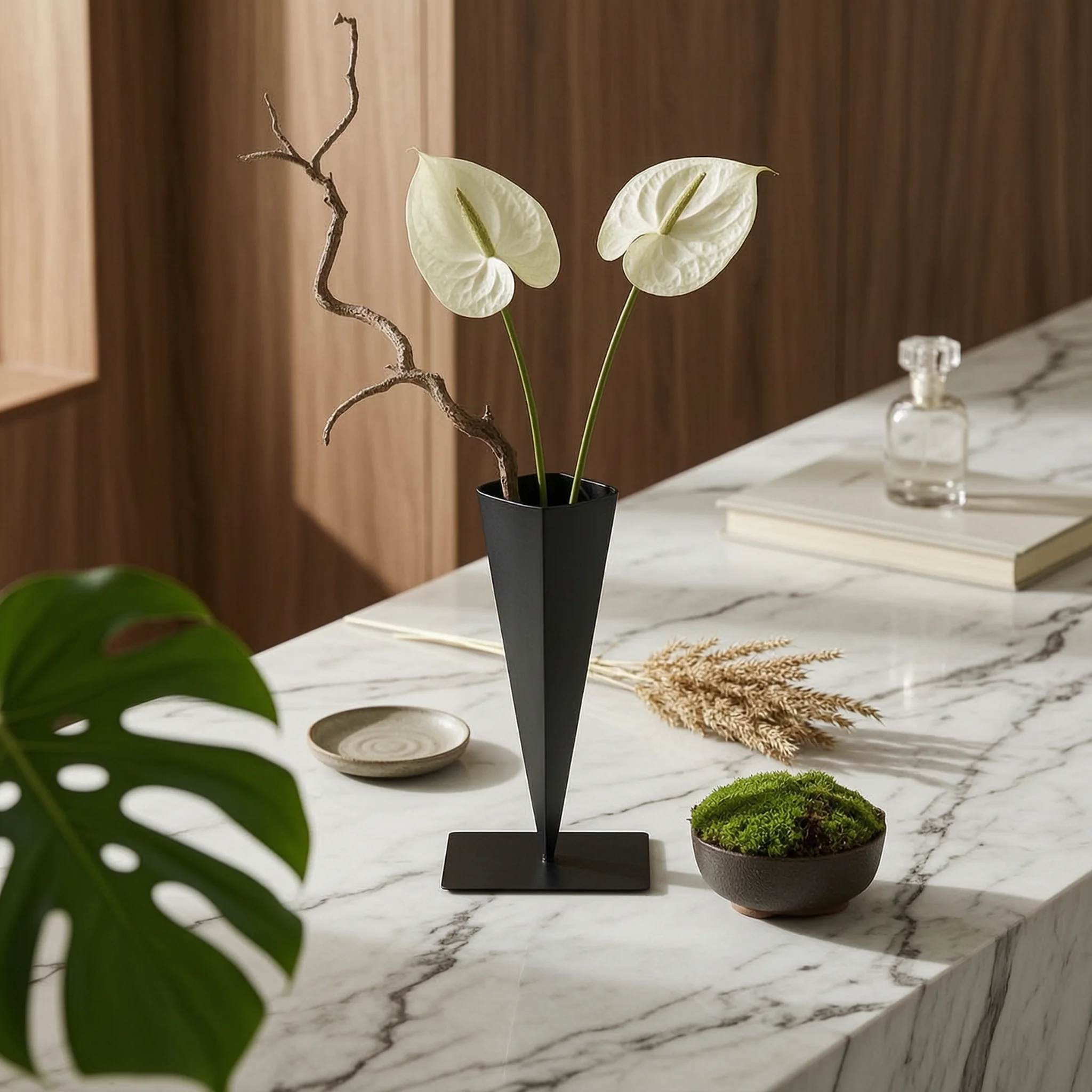 Iron Vase with Square Base Minimalist Triangular Vase Flower Holder Sculptural Vessel Modern for Minimalists, Living Room