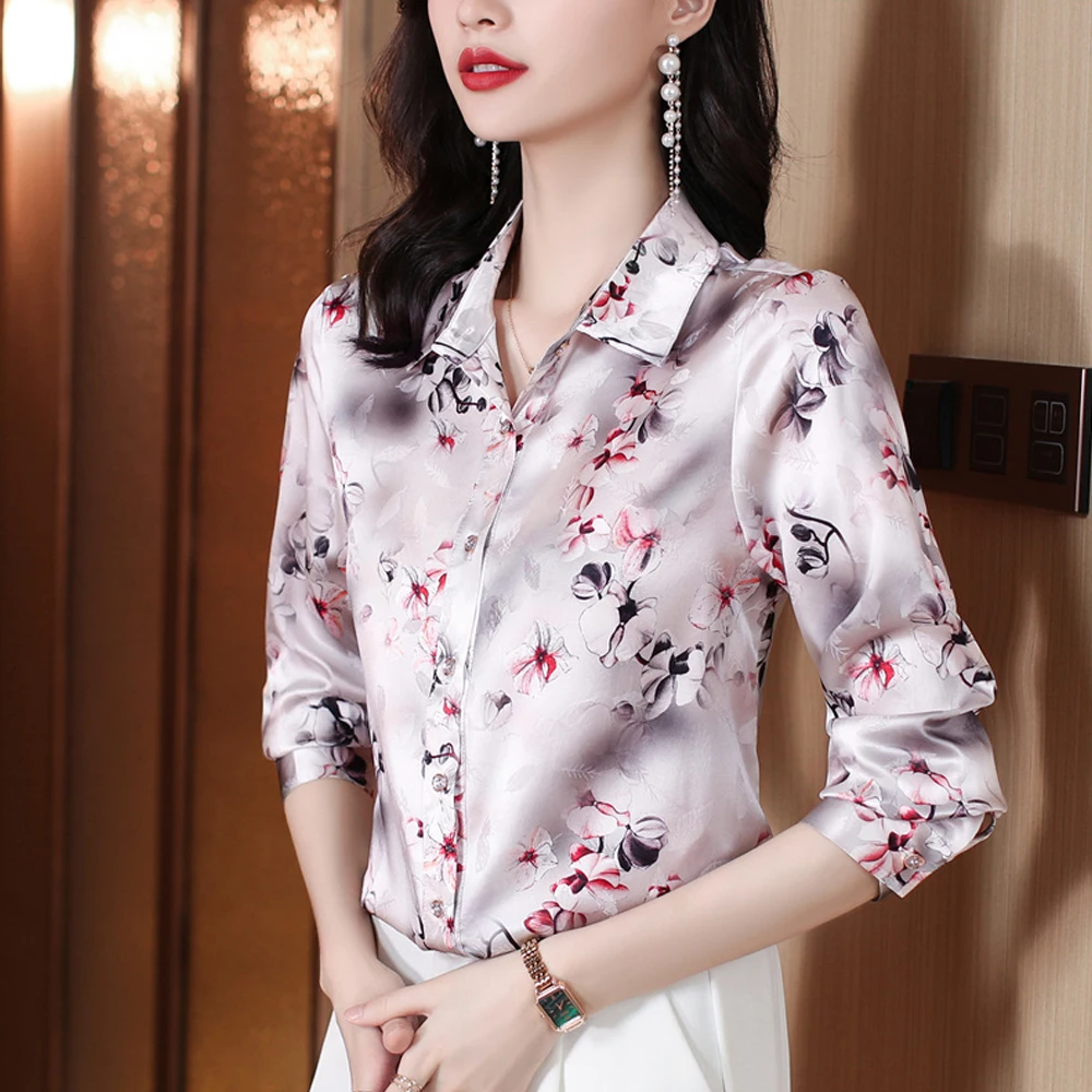 Elegant Flower Printed Satin Shirts And Blouses Women New 2024 Fashion Korean style Women\'s Clothing Blusa Tops Camisas E Blusas