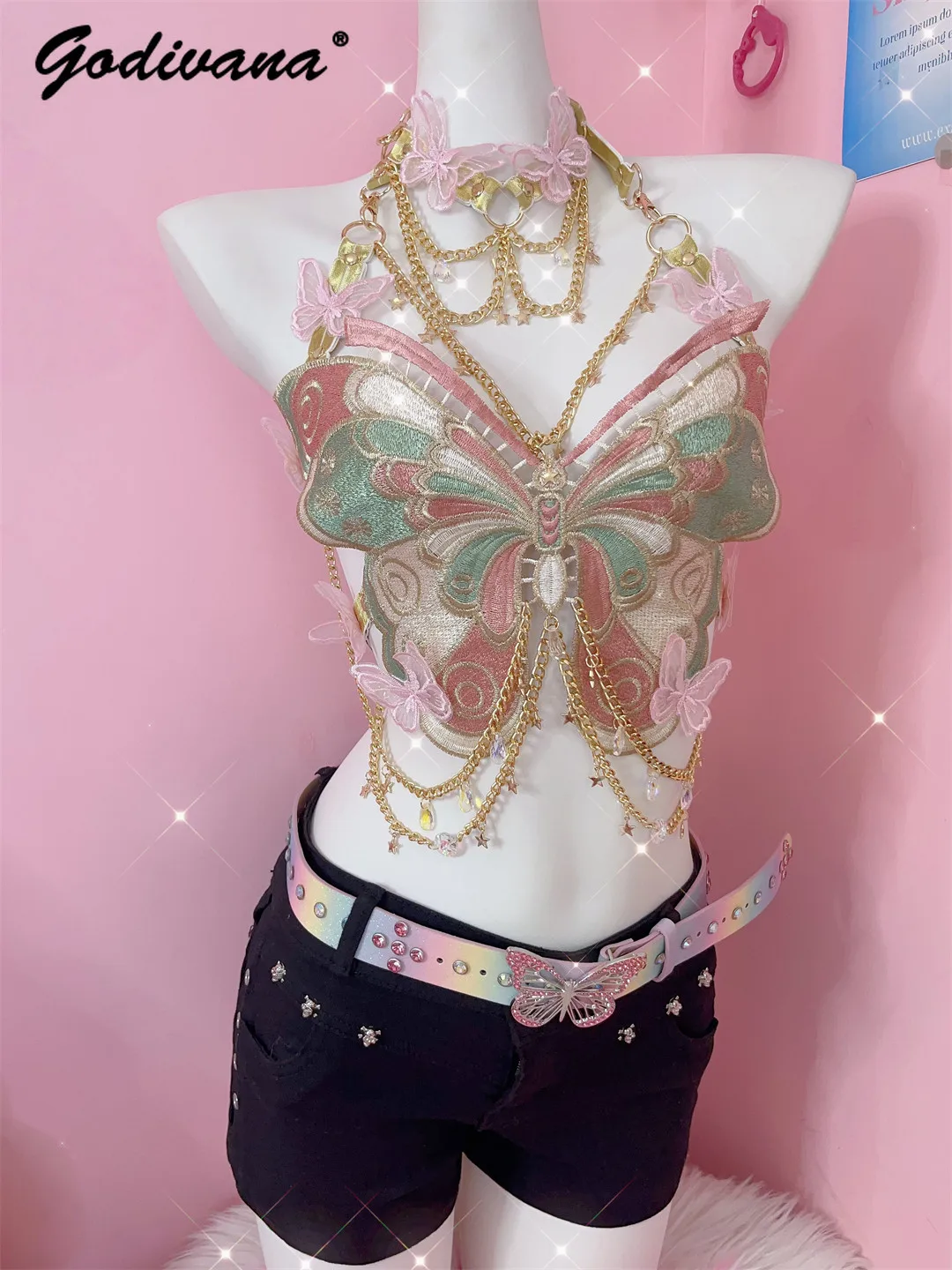 Y2k Hot Girls Choker Collar Embroidery Butterfly Metal Chain Camisole Top Music Festival Subculture Women's Sexy Sling Tube Tops