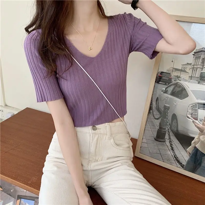 2024 Summer New High Waist T-shirt Women's Short Knitted V-neck Top Short Sleeve Bottom Top