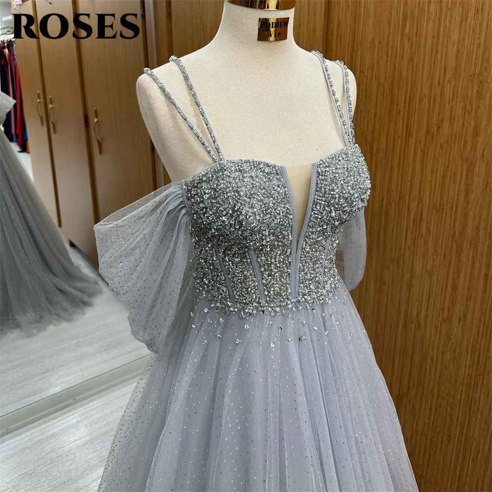 ROSES Grey Evening Dress Luxury Off Shoulder A-Line Prom Dress With Spaghetti Straps and Crystal Party Dress Beading Tulle 프롬드레스