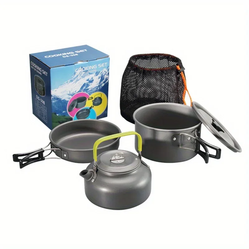 3pcs Lightweight Camping Cookware Set - Aluminum Outdoor Cooking Kit With Pot, Pan, Kettle - Perfect For Hiking, Backpacking